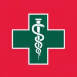 Logo apoteke na Zlatiboru sa zelenim krstom i simbolom štapa sa zmijom na crvenoj pozadini.