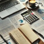 Stol sa papirom, laptopom, kalkulatorom i grafovima, idealan za prikazivanje ključnih stvari koje treba znati kod pokretanja novog biznisa, uključujući organizaciju, finansijske planove i strategiju rasta