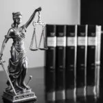 Statua boginje pravde sa mačem i kantarom ispred redova pravnih knjiga na stolu
