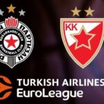 Promotivna slika za Evroligu sa logotipovima KK Partizan i KK Crvena Zvezda sa obe strane i logom Turkish Airlines EuroLeague na sredini.