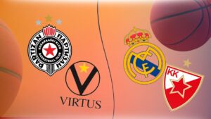 Logo koลกarkaลกkih klubova: Partizan, Virtus Bolonja, Real Madrid i Crvena Zvezda sa koลกarkaลกkom pozadinom.