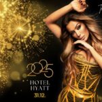 Tea Tairović doček Nove godine 2025 u hotelu Hyatt, 31. decembar, vatromet u pozadini, zlatna haljina, promotivni poster