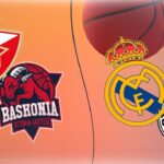 Logo timova Crvena Zvezda i Baskonija, kao i Real Madrid i Partizan, u kontekstu Evrolige 2024/25, sa pozadinskom loptom za košarku