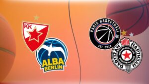Logo koลกarkaลกkih klubova Crvena Zvezda, Alba Berlin, Paris Basketball i Partizan Beograd pred 8. kolo Evrolige 2024. godine.