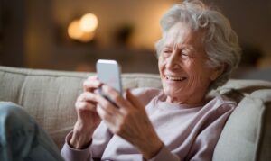 Starija žena sedi na sofi i smeši se dok gleda u mobilni telefon, u pozadini topla i prijatna atmosfera dnevne sobe.