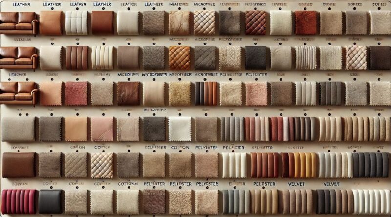 Prikaz različitih materijala za trosede, uključujući kožu, mikrofiber, pamuk, poliester i somot, sa jasno vidljivim teksturama i etiketama na neutralnoj podlozi.