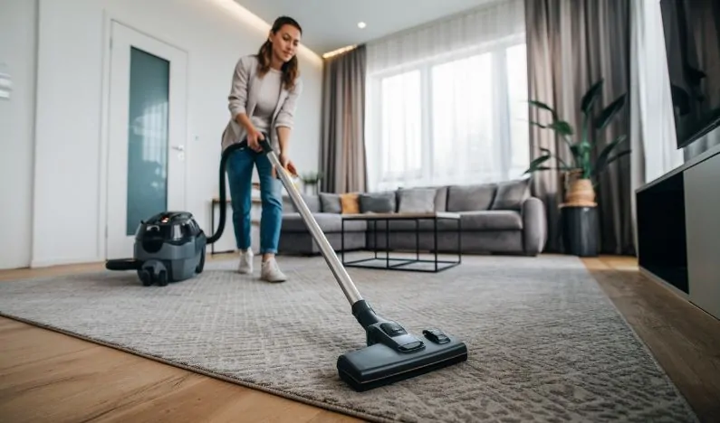 Žena usisava veliki tepih u moderno opremljenoj dnevnoj sobi sa klasičnim usisivačem