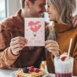 Zaljubljeni par drži romantičnu čestitku sa natpisom „Love is all around“ u kafiću, uz vafle i napitak.