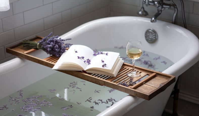 Luksuzno kuฤno spa iskustvo sa vintage kadom, drvenom tacnom, ฤaลกom belog vina, otvorenom knjigom i sveลพom lavandom.