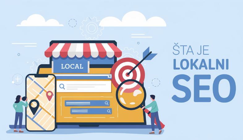 Ilustracija lokalnog SEO-a sa laptopom, metom, mapom i simbolima optimizacije