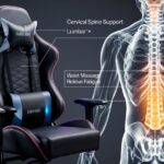 Gejmerska stolica sa lumbalnim masažerom ispred ilustracije ljudskog skeleta sa naglašenom kičmom i označenim regijama cervikalne i lumbalne podrške.