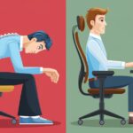 Prikaz dve slike, na jednoj covek sedi pogrbljen na stolici dok na drugoj pravilno sedi za racunarom