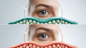 Uporedni prikaz mladalačke i starenjem pogođene kože oko očiju, sa prikazom gustine kolagena i glatkoće kože pre i posle gubitka kolagena