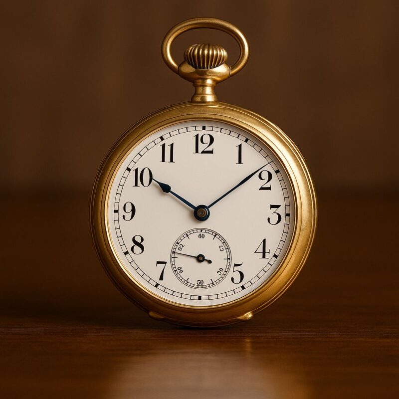Zlatni džepni sat sa belim brojčanikom i crnim arapskim brojevima stoji na drvenoj površini, sa jasno vidljivim kazaljkama i malim sekundarom pri dnu.