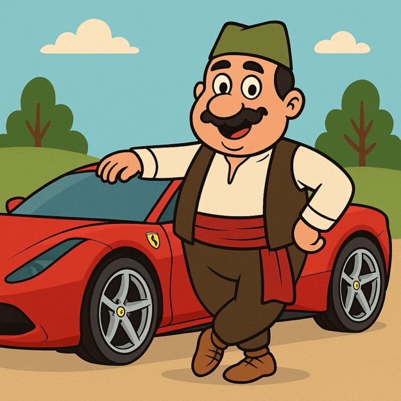 Nasmejan muškarac u srpskoj narodnoj nošnji sa zelenom šajkačom stoji pored crvenog Ferarija, naslonjen desnom rukom na automobil.