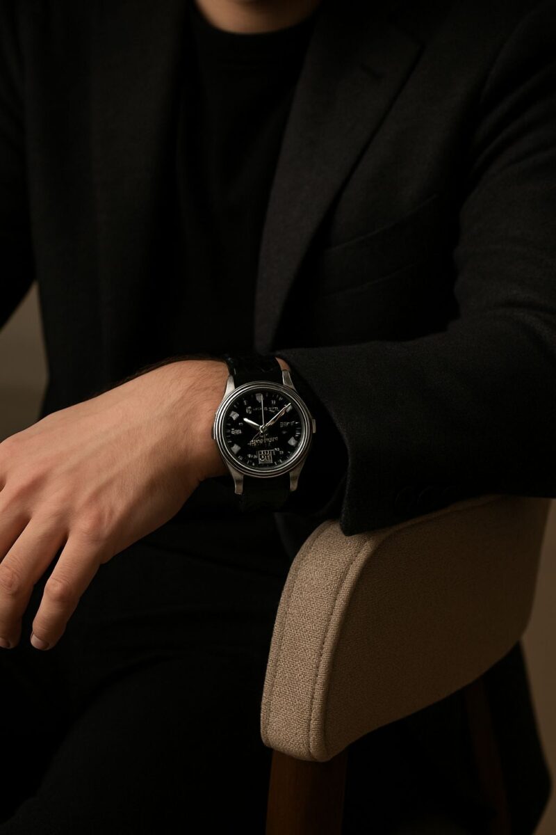 Muškarac u crnom odelu sedi s rukom naslonjenom na stolicu, fokus na luksuznom Patek Philippe satu na njegovom zapešću.