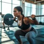 Žena fokusirano izvodi čučanj sa šipkom u svetloj teretani, dok vežbači treniraju u pozadini.