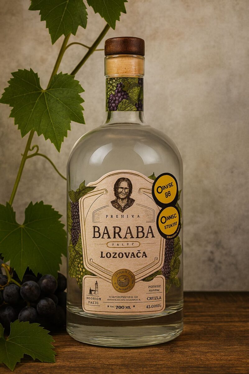 Rakija Baraba, lozovaca, sa prikazom lista i grozda