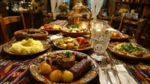 Tradicionalna Srpska vecera u restoranu, sa hranom na stolu koja je pripremljena po starim receptima
