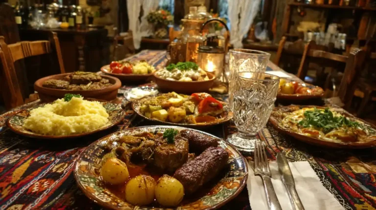 Tradicionalna Srpska vecera u restoranu, sa hranom na stolu koja je pripremljena po starim receptima