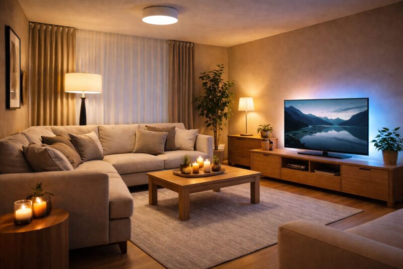 Moderna dnevna soba sa kombinacijom plafonske, podne i ambijentalne rasvete.