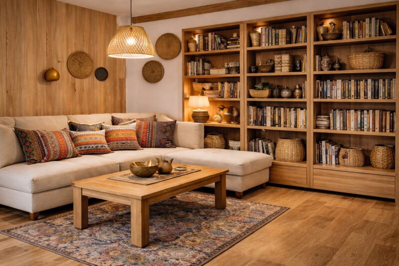 Etno dnevni boravak sa etno nameštajem i drvenom policom za knjige.