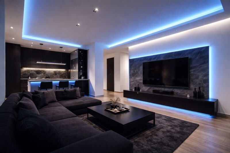 Moderan dnevni boravak sa crnim nameštajem, belim zidovima i plavom LED rasvetom u savremenom stanu.