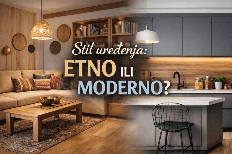 Moderan etno enterijer sa toplim drvetom i tekstilnim detaljima upoređen sa minimalističkom modernom kuhinjom u jednom prostoru.