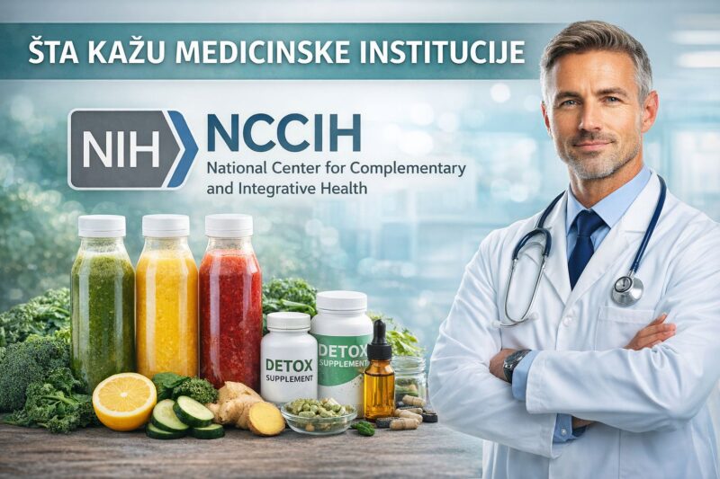 Ilustracija medicinskog stava o detoks programima, sa prikazom lekara, NCCIH instituta i detoks sokova kao dela šireg zdravstvenog pristupa