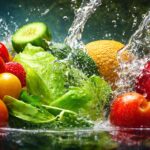 Sveže voće i povrće u pokretu pod mlazom vode, simbol hidratacije, čistoće i prirodnog pristupa zdravijoj ishrani