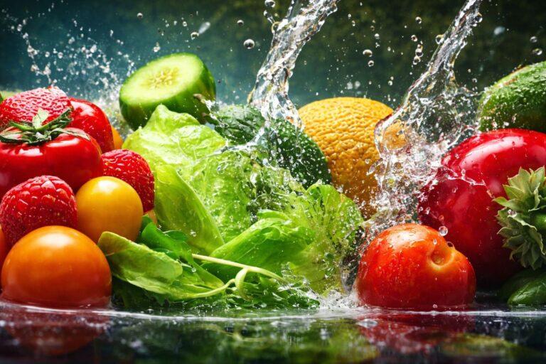 Sveže voće i povrće u pokretu pod mlazom vode, simbol hidratacije, čistoće i prirodnog pristupa zdravijoj ishrani