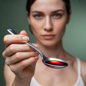 Žena pruža kašiku sa sirupom prema kameri, dok je njen lik blago zamućen u pozadini na zelenoj podlozi.