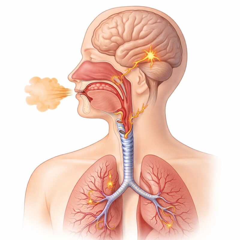 Ilustracija refleksa kašlja sa prikazom mozga, ždrela, dušnika i bronhija.
