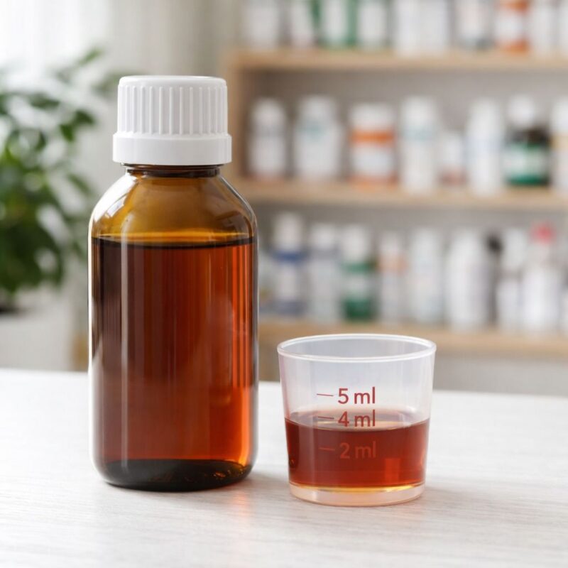 Bočica sirupa za kašalj i merna čašica sa dozom od 5 ml na stolu.