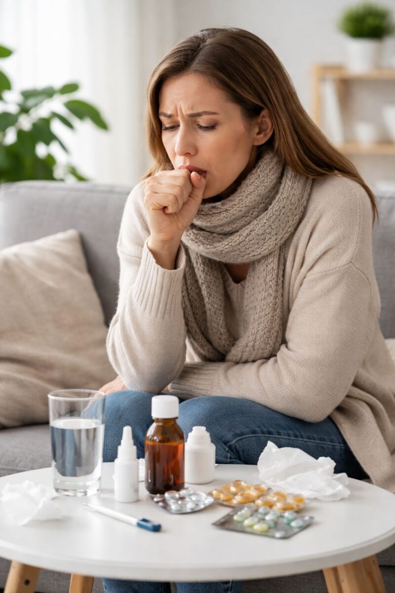 Žena sedi na kauču i kašlje, ispred nje stoje sirup, tablete i čaša vode na stolu.