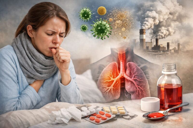 Žena sa šalom oko vrata kašlje dok su pored nje sirup za kašalj i ilustracija disajnih puteva sa prikazom iritacije.