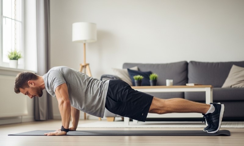 Čovek radi "burpees" vežbu u dnevnoj sobi