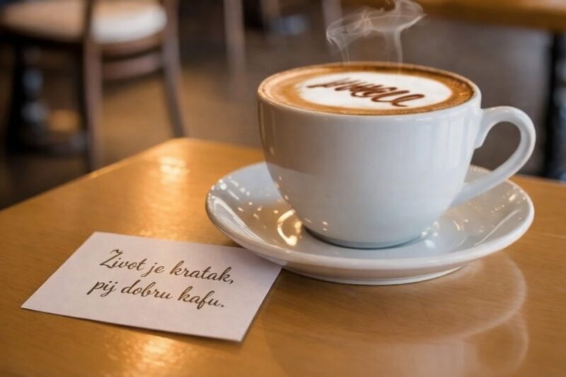 Šoljica kafe sa natpisom i kartica sa porukom na stolu u kafiću