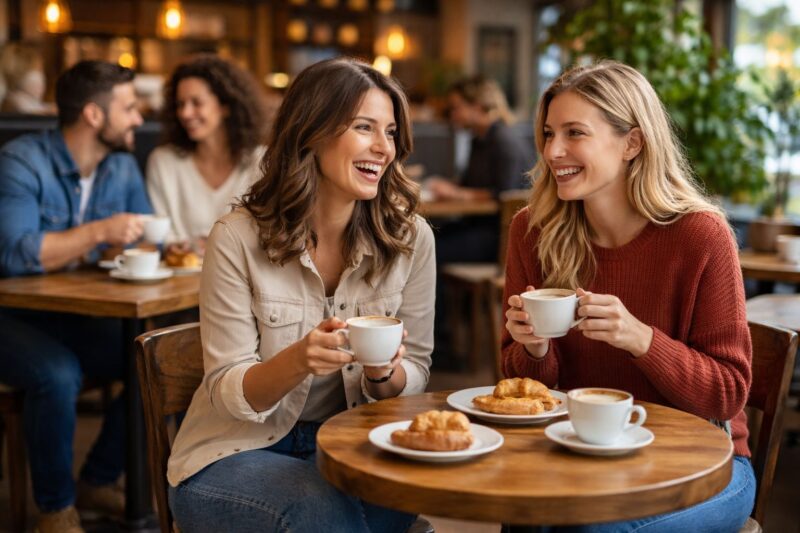 Nasmejani ljudi sede u kafiću, piju kafu i razgovaraju za stolom u prijatnoj atmosferi.