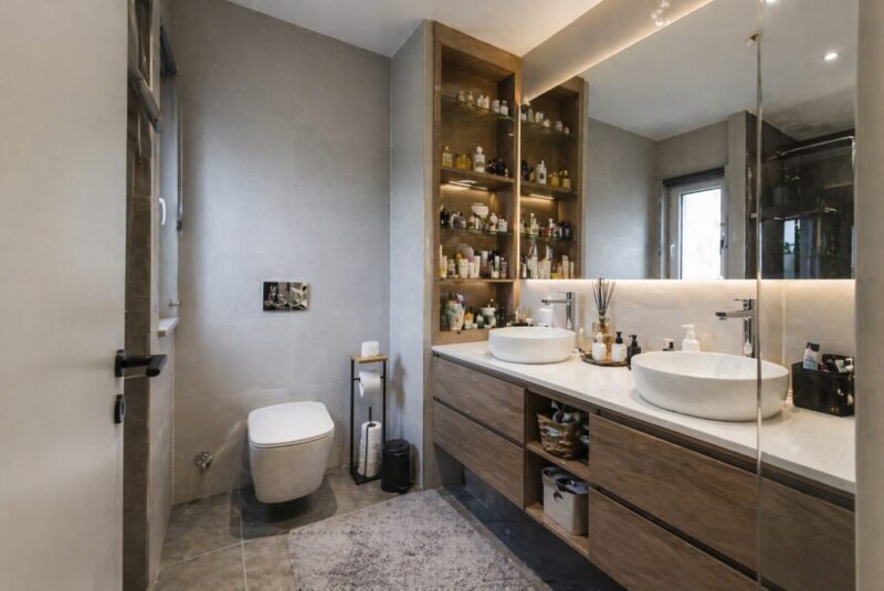 Savremeno kupatilo sa duplim umivaonikom i ugrađenim policama za odlaganje kozmetike