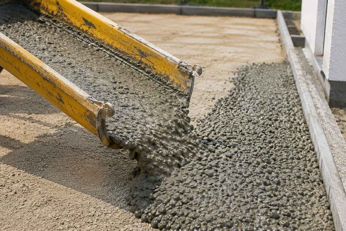 Sipanje svežeg betona iz građevinske mašine na pripremljenu podlogu.
