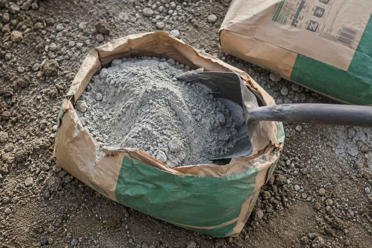 osoba uzima sa lopatom smesu za beton iz džaka