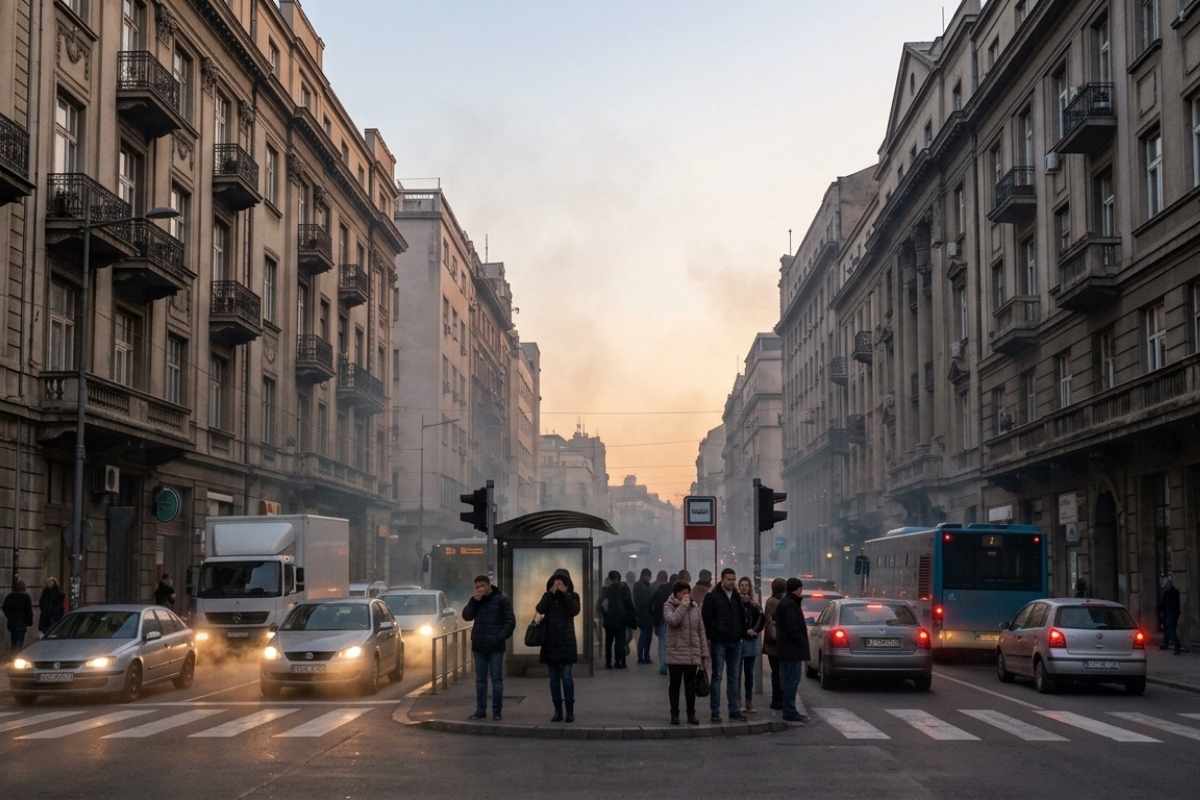 osobe čekaju autobus napolju, prikaz zagađenog vazduha