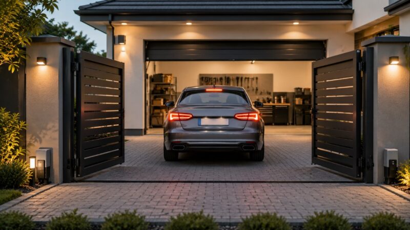Automobil na kratkom prilazu između otvorene dvorišne kapije i podignutih segmentnih garažnih vrata.