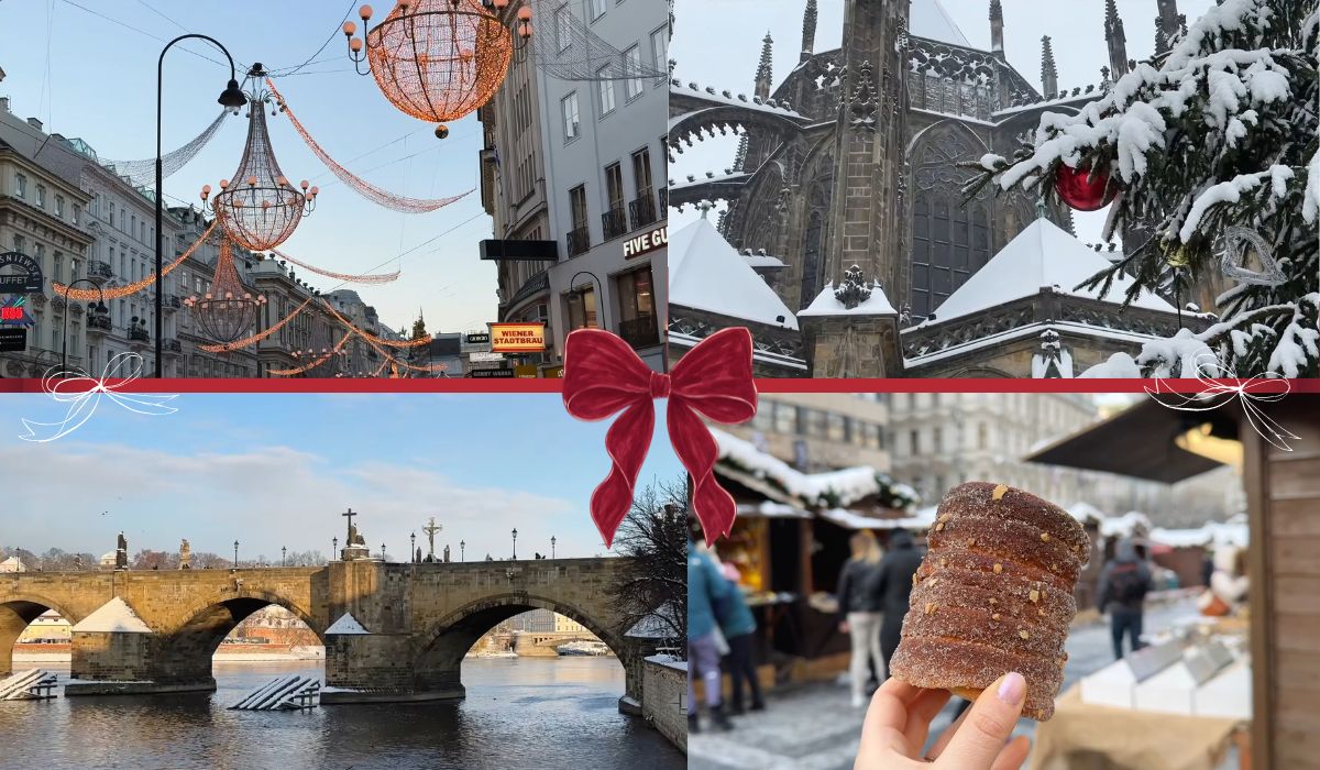 Prag zimi sa božićnim ukrasima, Karlovim mostom i tradicionalnim trdelnikom.
