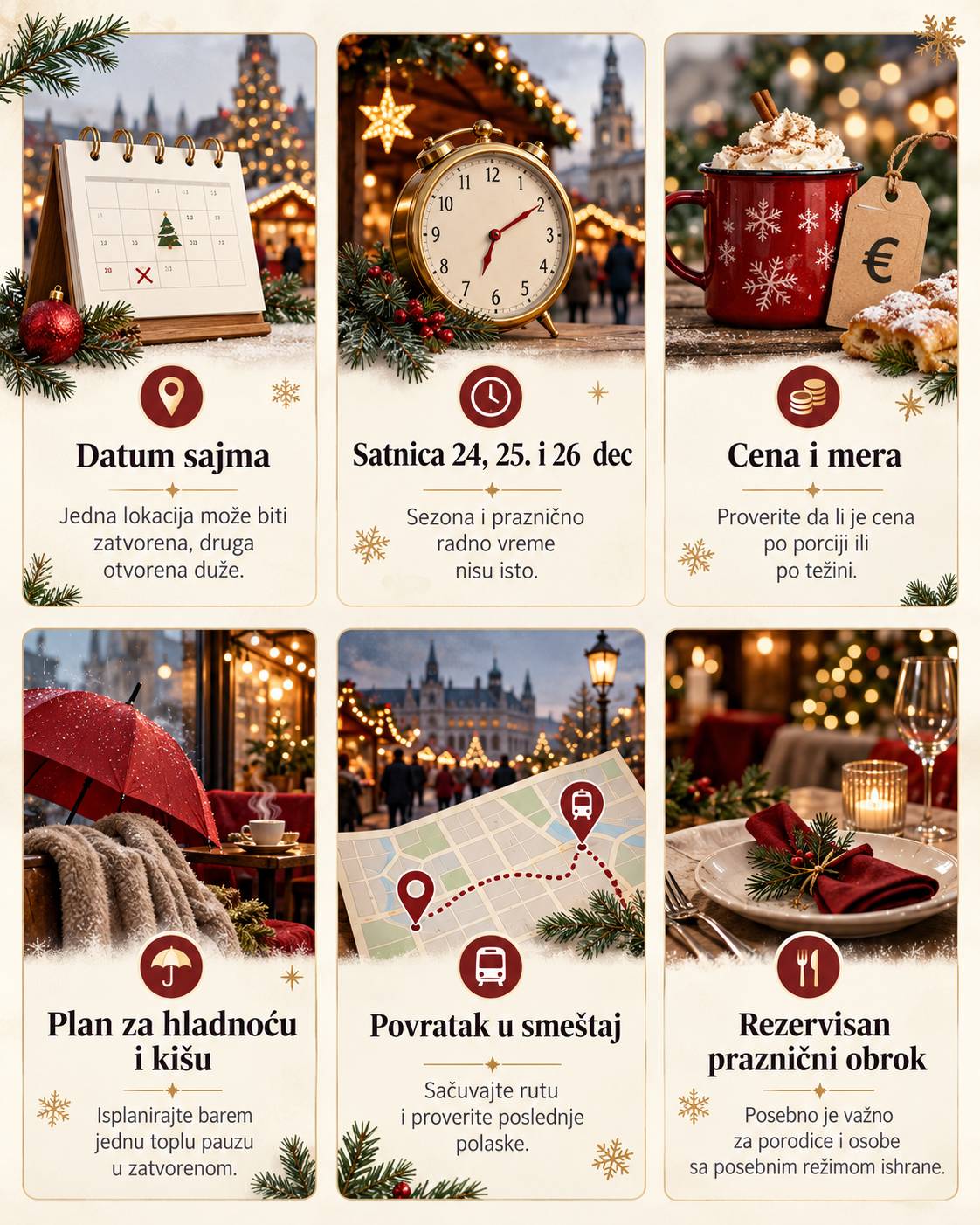 Infografik sa šest stvari koje treba proveriti pre rezervacije božićnog putovanja u Evropi.