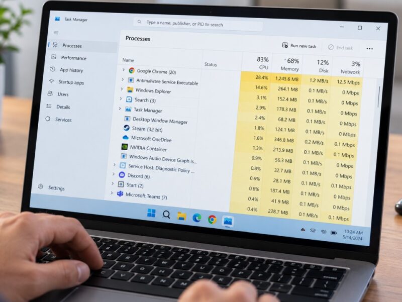 Osoba koristi laptop na radnom stolu, dok je na ekranu otvoren Windows Task Manager 
